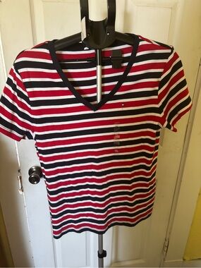 Tommy Hilfiger Red, White & Navy Striped V-Neck Tee